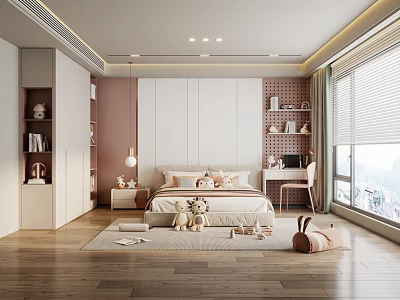 Cozy Kids Bedroom Interior With Stuffed Toys Bed Desk Shelves And Window Blinds 3d model