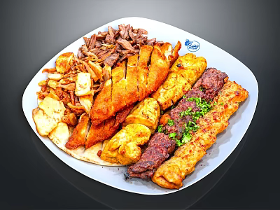 Assorted Grilled Meats And Chicken Skewers Served On White Plate With Sides 3d model