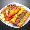 Assorted Grilled Meats And Chicken Skewers Served On White Plate With Sides