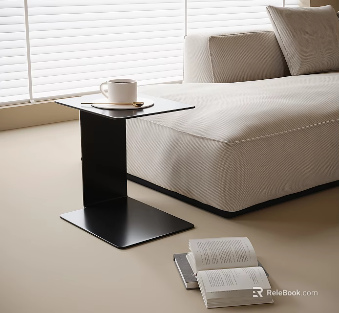 Modern Sleek Black Living Room Side Table Next To Beige Sofa With Cup 3d model 