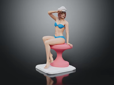 Female Character In Blue Bikini With White Hat And Small Animal On Pink Stool 3d model