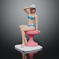 Female Character In Blue Bikini With White Hat And Small Animal On Pink Stool