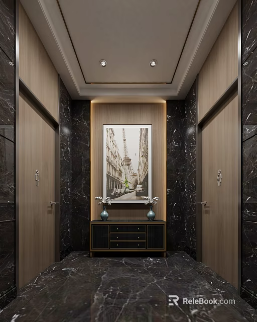 Public Restroom Interior With Marble Walls Wooden Doors Decorative Painting And Cabinet With Vases 3d model 