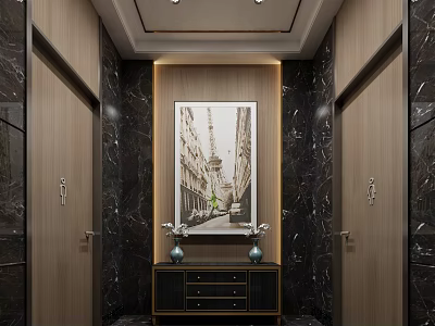 Public Restroom Interior With Marble Walls Wooden Doors Decorative Painting And Cabinet With Vases 3d model