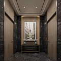 Public Restroom Interior With Marble Walls Wooden Doors Decorative Painting And Cabinet With Vases