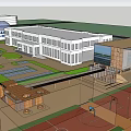 Modern Office Building With Dome Structure Blue Decorations Green Lawn And Surrounding Buildings
