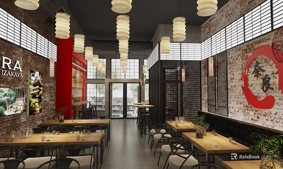 Modern Restaurant Interior With Brick Walls Pendant Lights And Wooden Dining Tables 3d model 