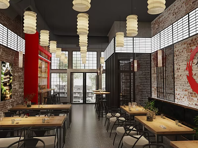 Modern Restaurant Interior With Brick Walls Pendant Lights And Wooden Dining Tables 3d model