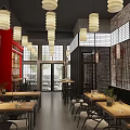 Modern Restaurant Interior With Brick Walls Pendant Lights And Wooden Dining Tables