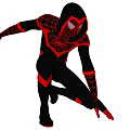 Game And Movie Character In Black Red Suit With Spider Web Patterns Crouching Pose