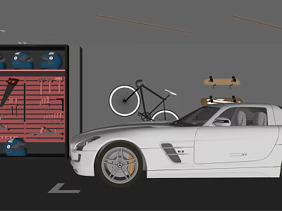 Modern Parking Garage With White Sports Car Skateboards On Roof Tool Rack And Bicycle 3d model