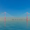 Pink Cable Stayed Bridge Over Water With Blue Sky And White Clouds 3d model