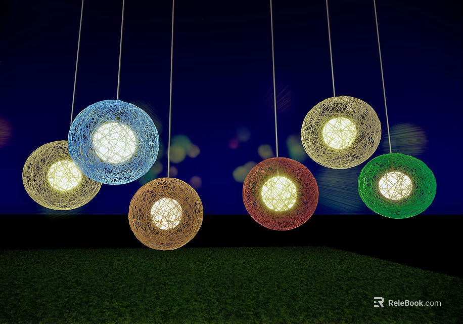 Colorful Spherical Pendant Lights with Woven Design Illuminating Green Grass Area 3d model 