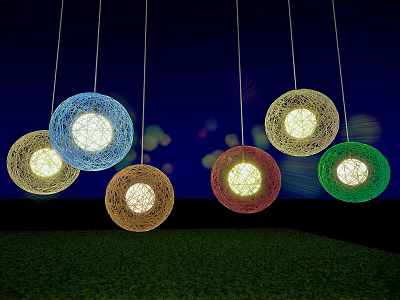 Colorful Spherical Pendant Lights with Woven Design Illuminating Green Grass Area 3d model
