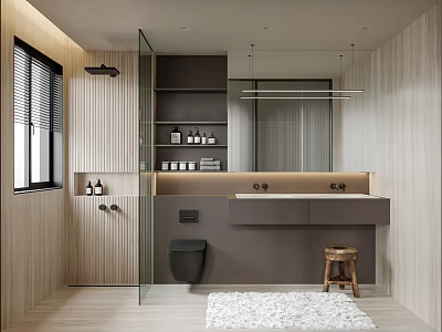 Modern Bathroom Interior With Wooden Walls Glass Shower Double Sinks And Mirror 3d model