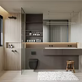 Modern Bathroom Interior With Wooden Walls Glass Shower Double Sinks And Mirror
