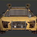 Yellow Modified Sports Car With Roof Mounted Guns Red Wheels And Supers Lettering