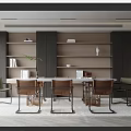 Modern Restaurant Interior With Open Design Wooden Bookshelves Dining Table And Chairs 3d model