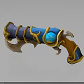 Fantasy Decorative Weapon With Blue Gemstone Golden Accents And Curved Wooden Handle