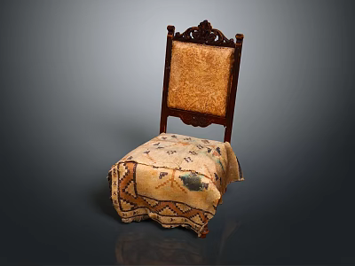 Traditional Leisure Chair Featuring Carved Wooden Backrest And Patterned Fabric Upholstery 3d model