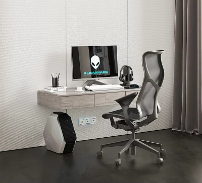 Modern Home Office Desk With Alienware Monitor Headphones And Ergonomic Chair 3d model