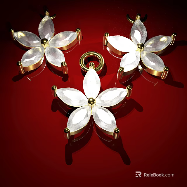 Flower Shaped White Crystal Jewelry with Gold Center on Red Background 3d model 