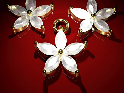 Flower Shaped White Crystal Jewelry with Gold Center on Red Background 3d model