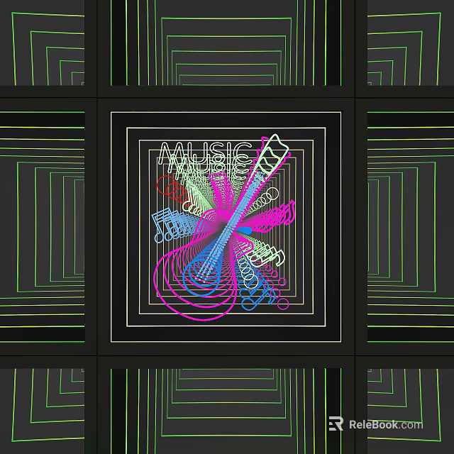 Decorative Mirror With Colorful Lines MUSIC Text Green Accents And Black Frame 3d model 