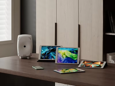 Modern Tablets And Smartphones On Wooden Table With White Speaker And Cabinets 3d model