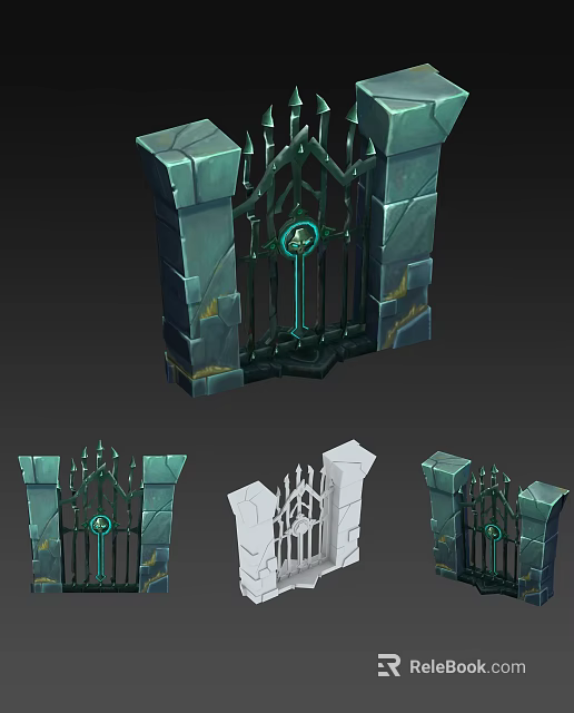 Ornate Gate With Stone Pillars And Glowing Green Keyhole Design Variations 3d model 