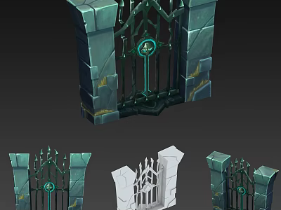 Ornate Gate With Stone Pillars And Glowing Green Keyhole Design Variations 3d model