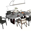 Modern Dining Table Set With Marble Top And Mixed Material Chairs With Hanging Light 3d model