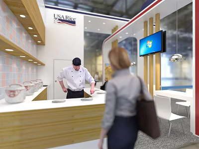 USA Rice Exhibition Booth With Chef Preparing Food And Customer At Counter 3d model