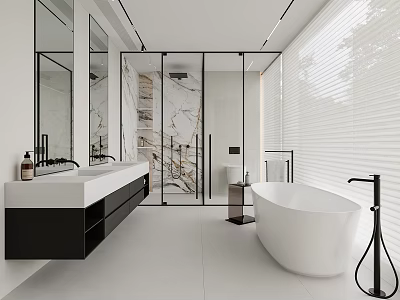 Modern Bathroom Interior With Marble Walls Large Mirrors Double Sinks And Freestanding Bathtub 3d model