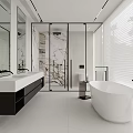 Modern Bathroom Interior With Marble Walls Large Mirrors Double Sinks And Freestanding Bathtub