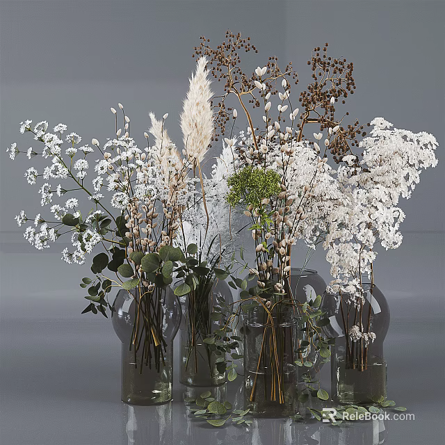 Glass Vases With White Flowers Green Foliage And Natural Decorative Arrangement 3d model 