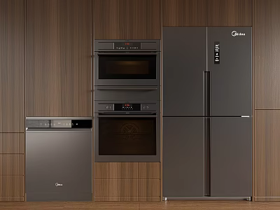 Modern Kitchen Appliances Including Dishwasher Ovens And Refrigerator With Wooden Cabinets 3d model