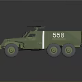 Green 558 Military Functional Vehicle With Six Wheels Mounted Weapon Red Windows And White Stripes