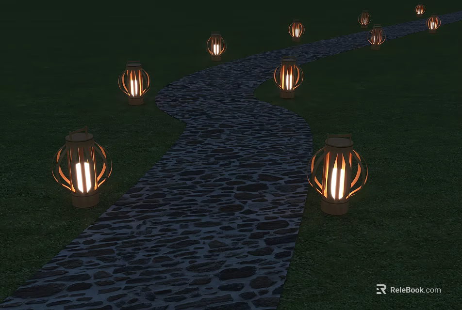 Lit Lantern Shaped Outdoor Lights Lining Stone Path On Green Grass 3d model 