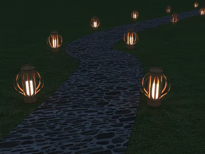 Lit Lantern Shaped Outdoor Lights Lining Stone Path On Green Grass 3d model