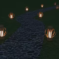 Lit Lantern Shaped Outdoor Lights Lining Stone Path On Green Grass 3d model