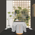 Elegant Beauty Hair Salon Treatment Room With Massage Bed Grid Window And Decorative Paintings
