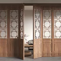 Chinese Style Wooden Screen Doors With Carved Patterns In Interior Space