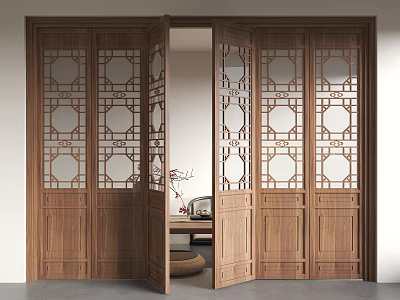 Chinese Style Wooden Screen Doors With Carved Patterns In Interior Space 3d model