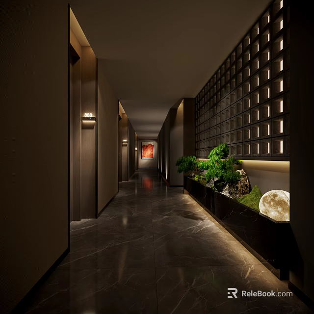Elegant Modern Hotel Corridor With Warm Lighting Green Plants Grid Wall And Dark Flooring 3d model 