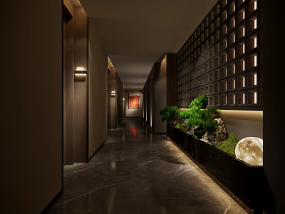 Elegant Modern Hotel Corridor With Warm Lighting Green Plants Grid Wall And Dark Flooring 3d model