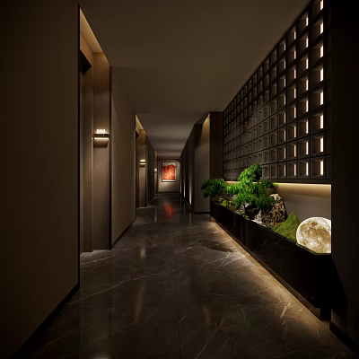 Elegant Modern Hotel Corridor With Warm Lighting Green Plants Grid Wall And Dark Flooring 3d model