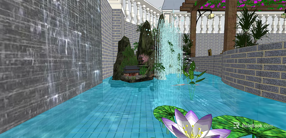 Roof Garden Design Featuring Pool Lotus Flower Rock Formations Waterfall and Pavilion 3d model 
