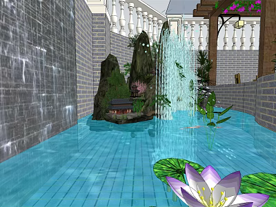 Roof Garden Design Featuring Pool Lotus Flower Rock Formations Waterfall and Pavilion 3d model