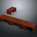 Brown Wooden Desks Set Featuring Long And Short Tabletops With Storage Drawers